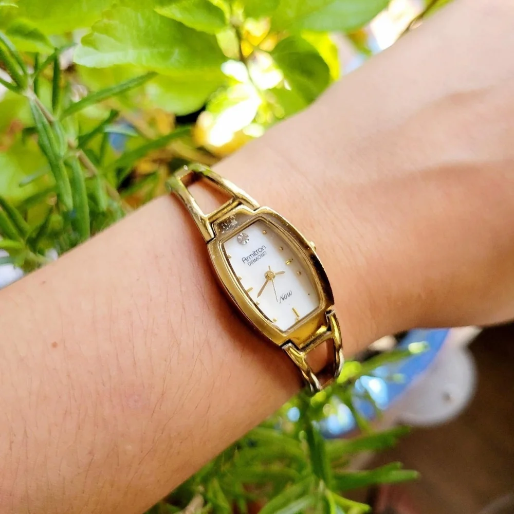 Classic Gold Armitron Genuine Diamond Now Tonneau Barrel Watch